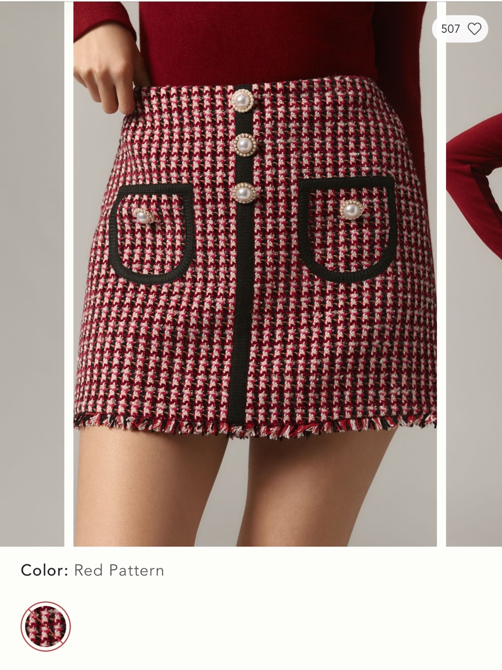 Anthropologie Red Pattern Tweed Mini Skirt with Pearl Buttons